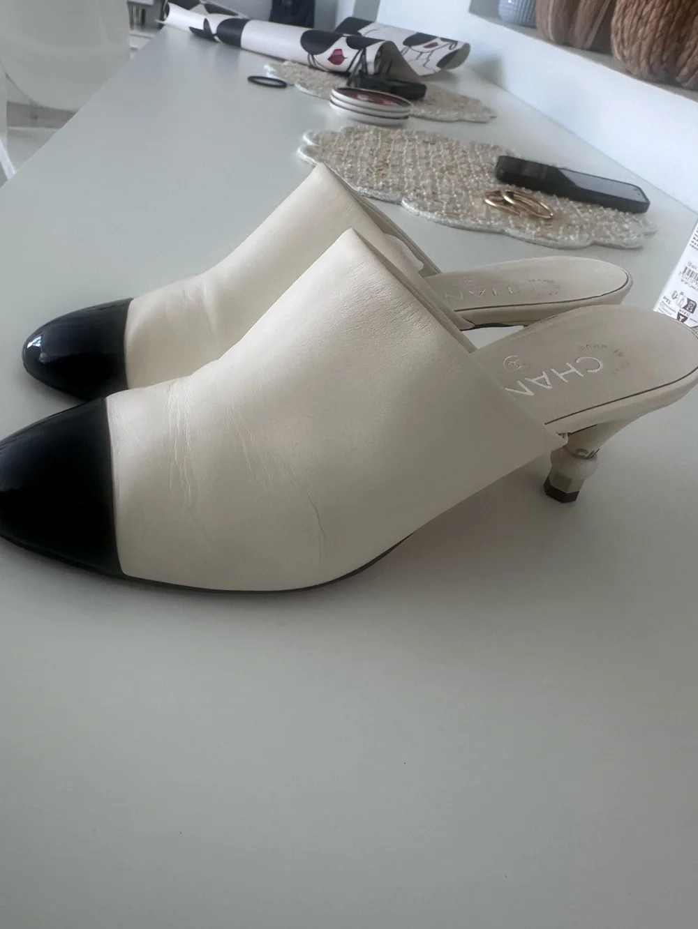 CHANEL Two-Tone Slip-On Mules in Cream and Black preloved
